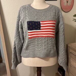 POL Cable Knit Sweater with American Flag-Grey